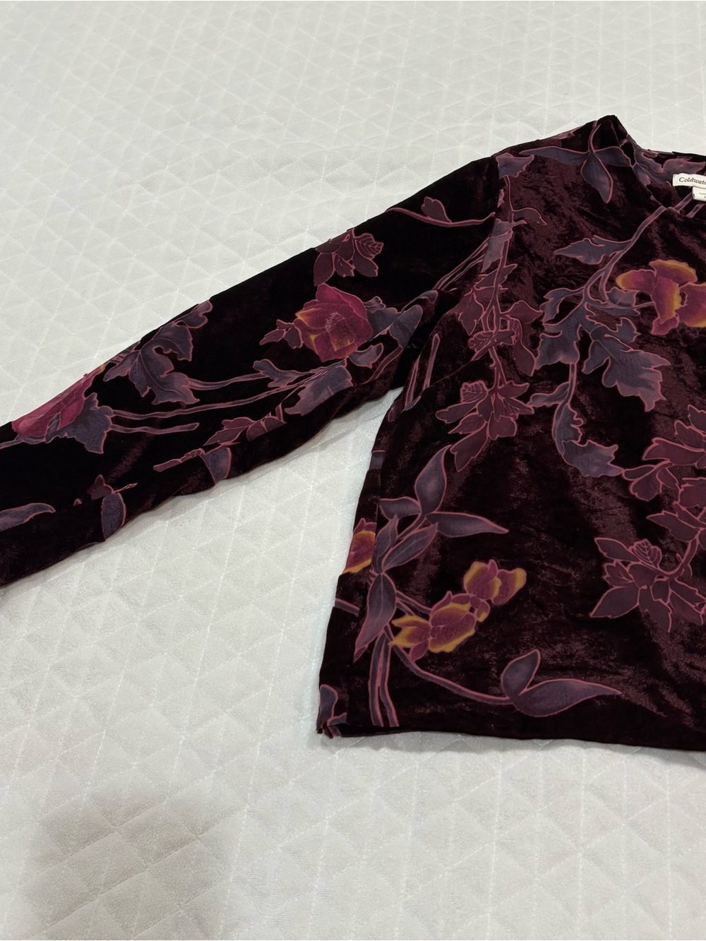 VTG Coldwater Creek Button Down Top Sz L Burgundy Pink Velvet Burnout Long Sleev - Picture 5 of 15